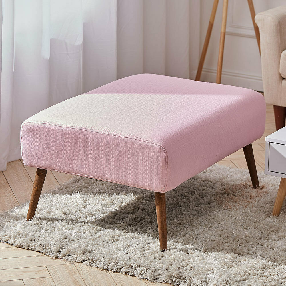 Large Bench Stool Linen Upholstered Wooden Leg Footstool Coffee Table Pouffe