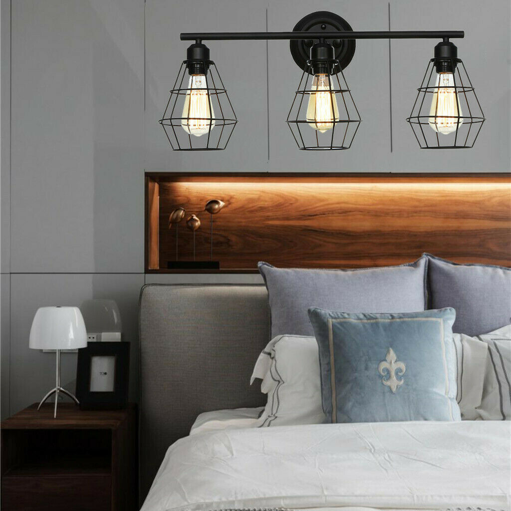 3-Light Industrial Bathroom Vanity Light Metal Wire Cage Wall Sconce Wall Lamp