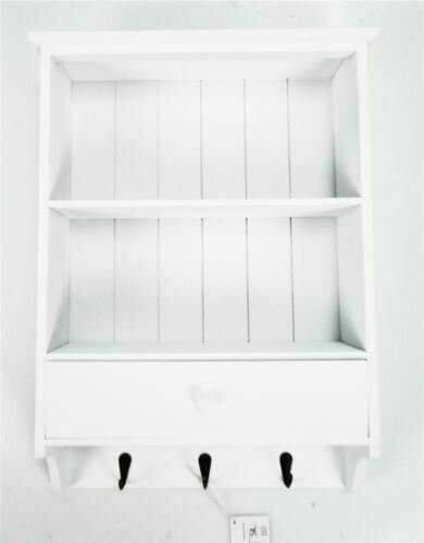 WHITE SHABBY CHIC WOODEN VINTAGE SHELF UNIT WITH DRAWER 3 KEY HOOKS WALL STORAGE