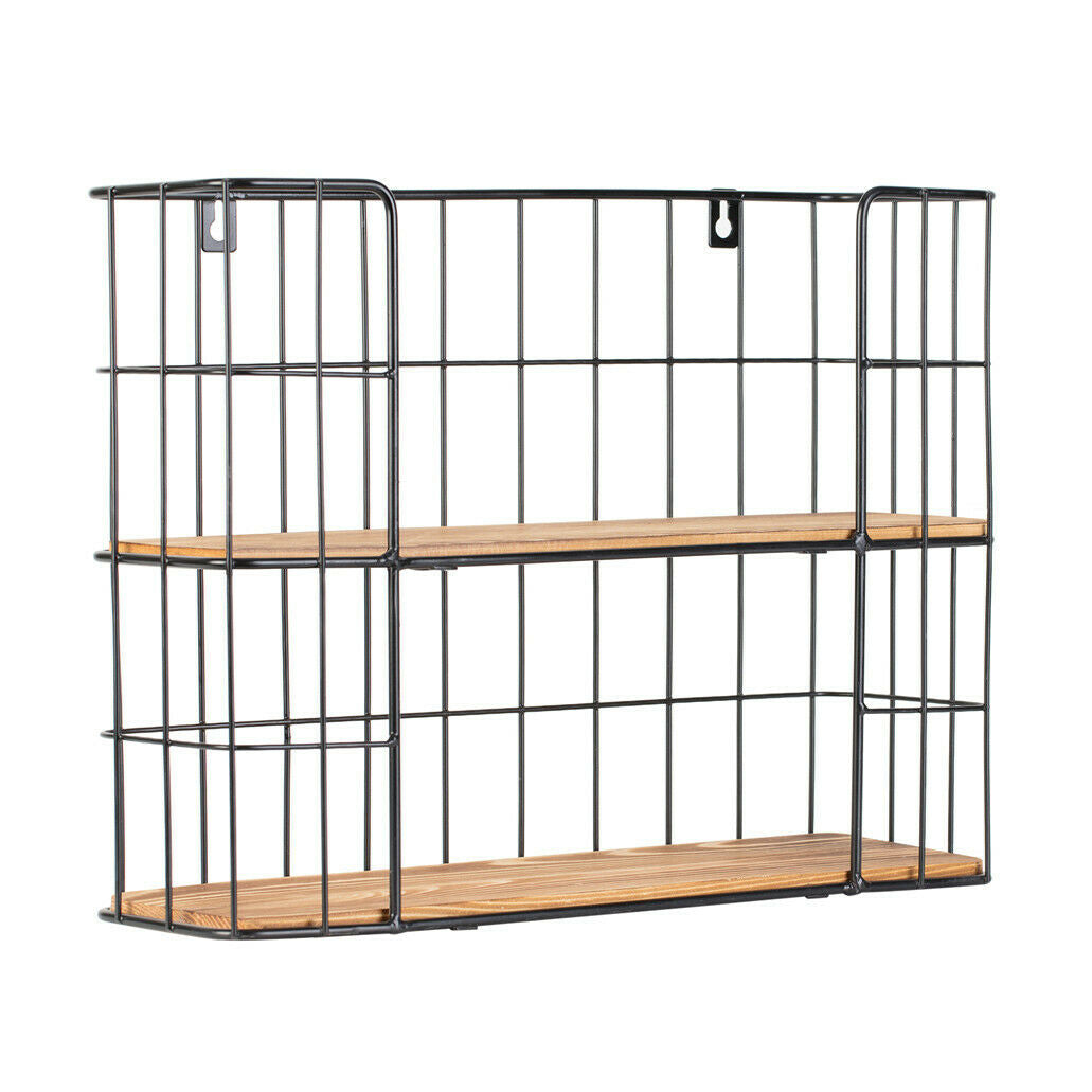 2 Tier Wall Mounted Metal Wire Wood Shelf Floating Shelves Kitchen Storage Rack
