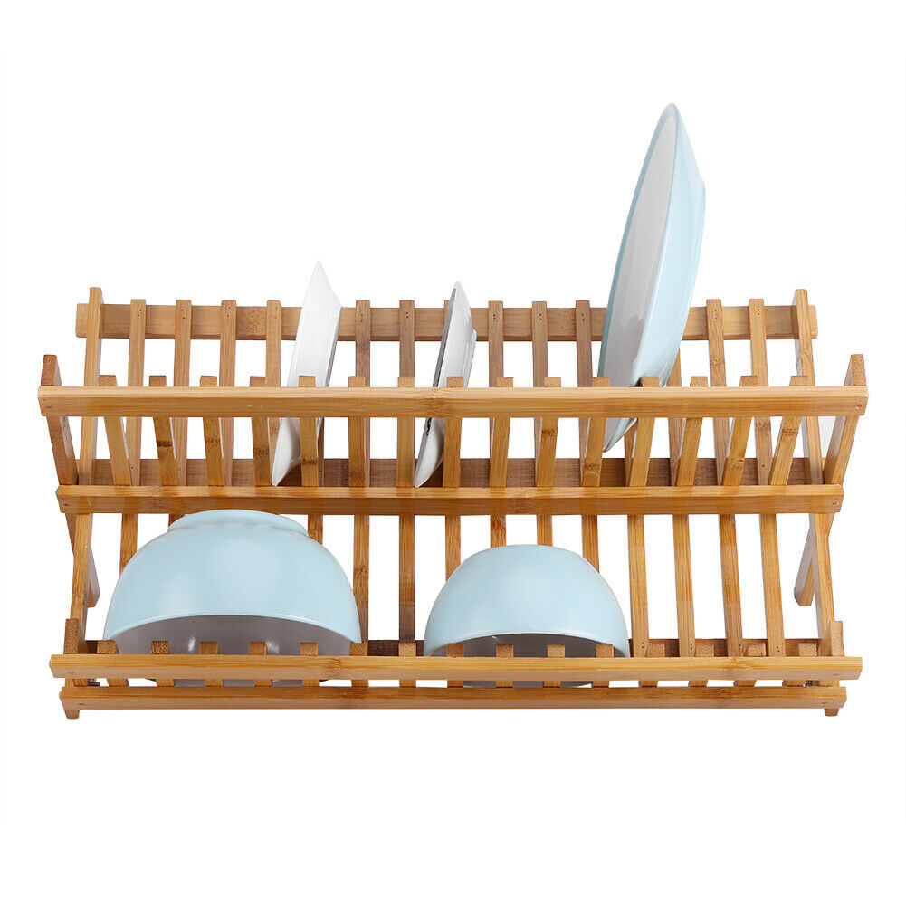 Folding Bamboo Wooden Draining Rack Dish Drainer Plate Washing Up Counter Sink