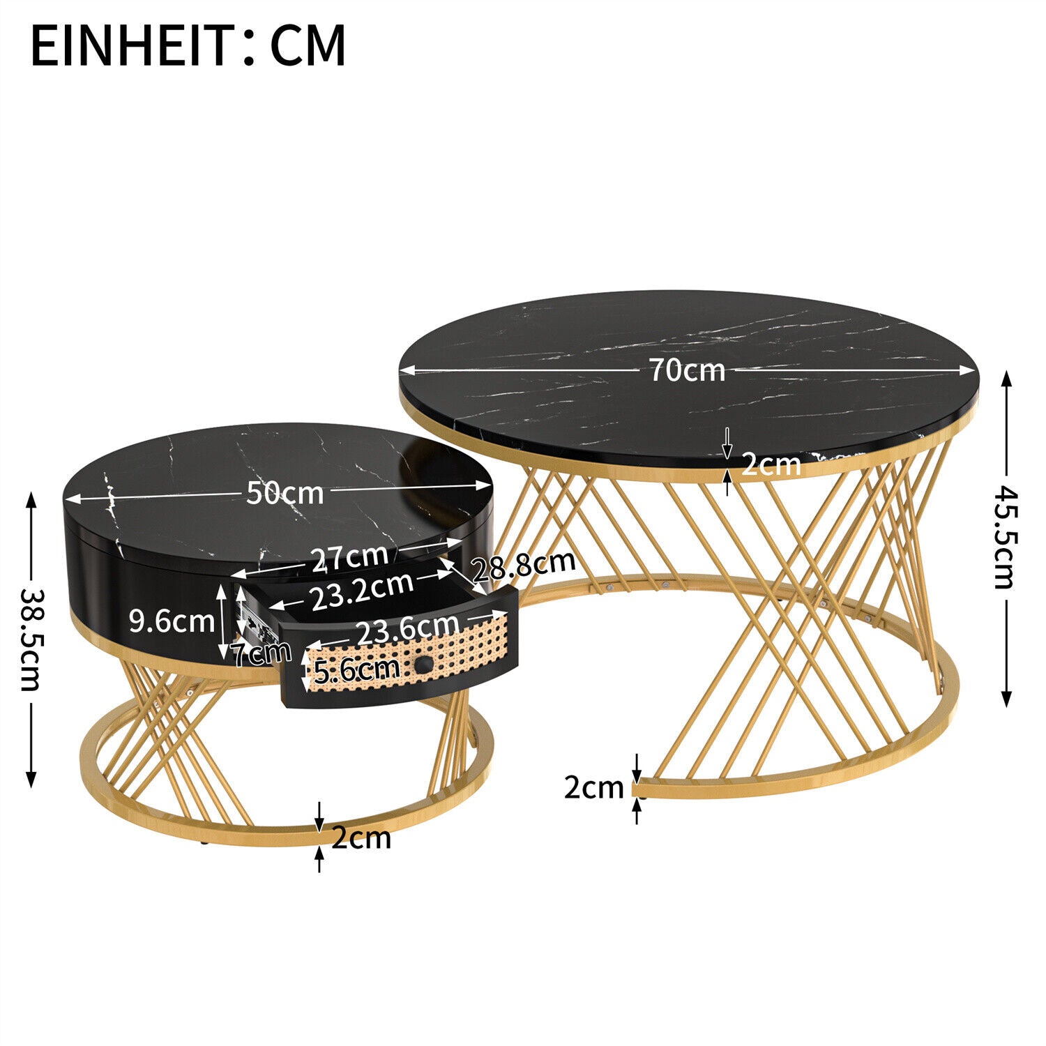 Modern Coffee Table Nesting Set of 2 Side Table Golden Frame Marble Effects HT