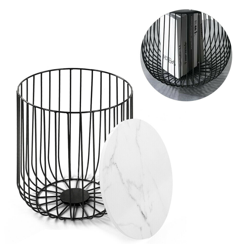 Retro Metal Wire Round Wood Storage Coffee Side Table Basket Home Furniture