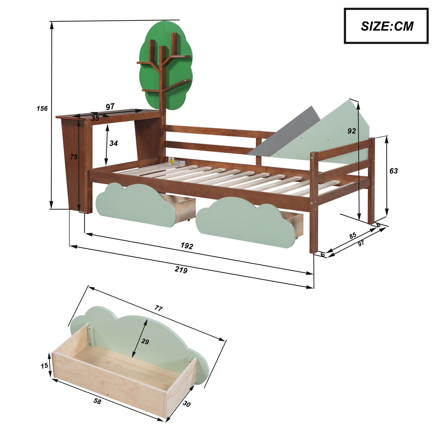 Kids Toddler Bed 3ft Single Daybed Tree Shelves Storage Bed Frame w/ 2 Drawer HT