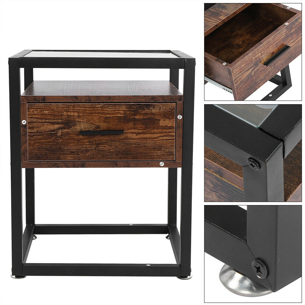 Industrial Nightstand Side Table Storage 1 Drawer Retro Rustic Bedside Cabinet
