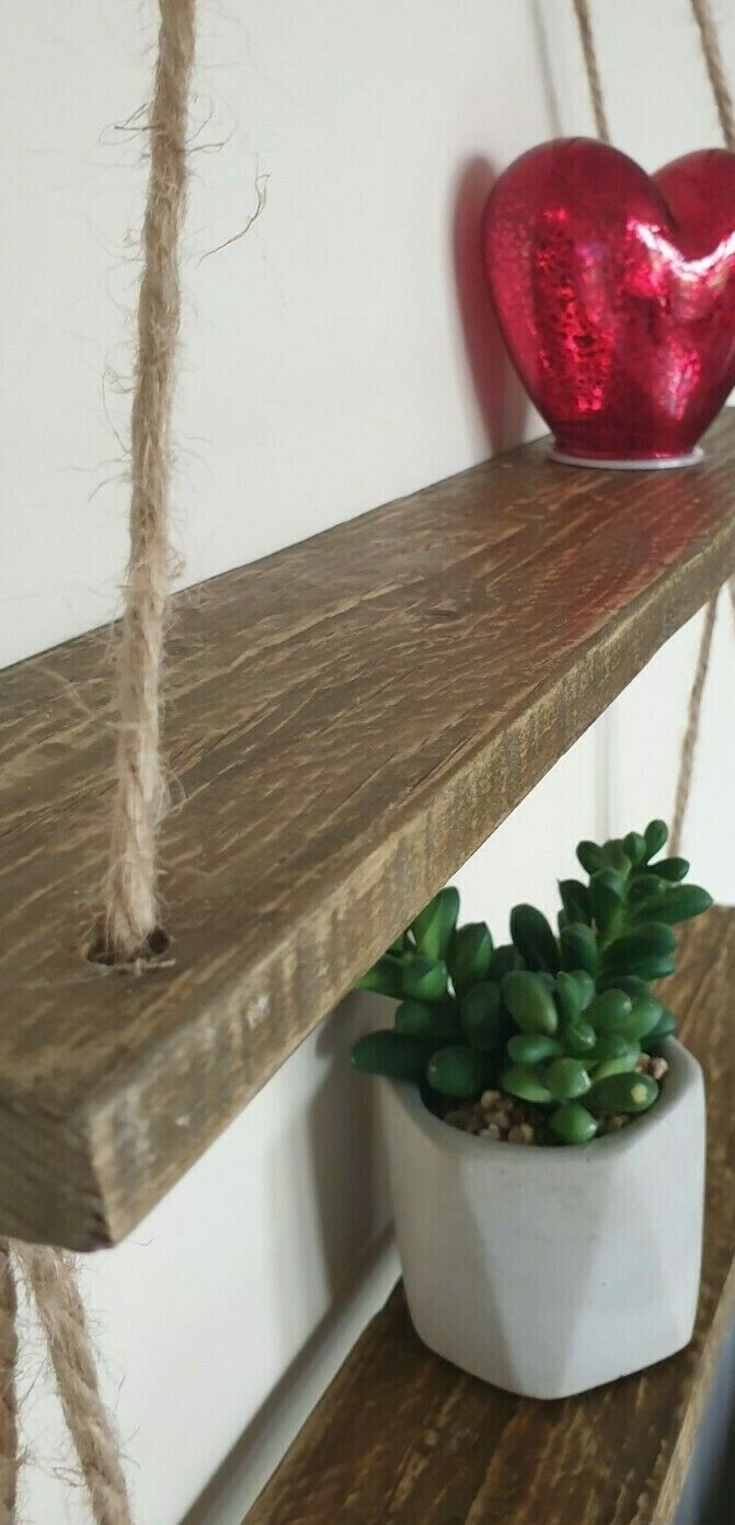 Rustic Vintage Shelves Handmade Wooden Natural Wood Floating Hanging Rope Shelf