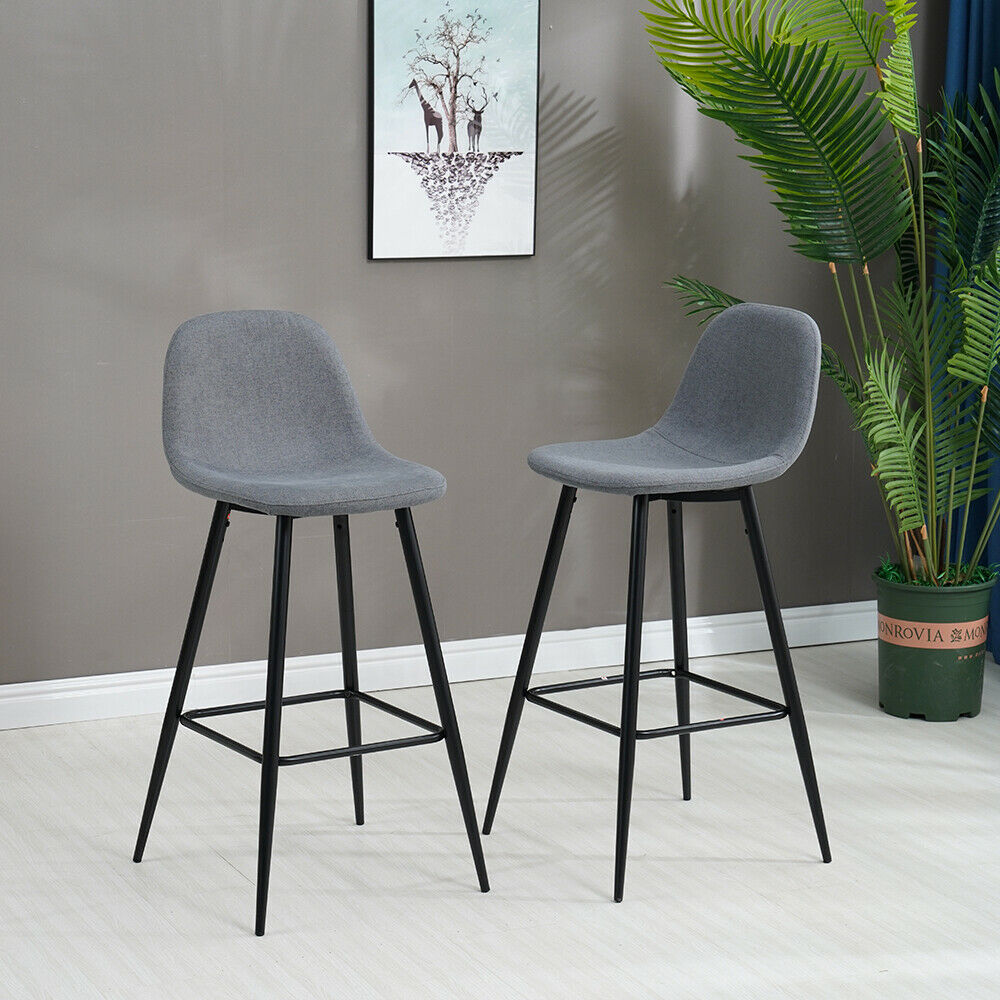 2x Grey Fabric Bar Stools Metal Leg Breakfast Pub Chair Kitchen Furniture Modern