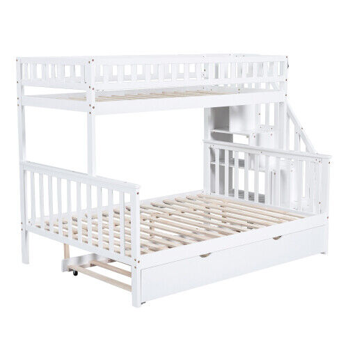 3ft & 4ft6 Kids Wooden Bunk Beds with Stairs and Pull Out Trundle Bed Frame HT