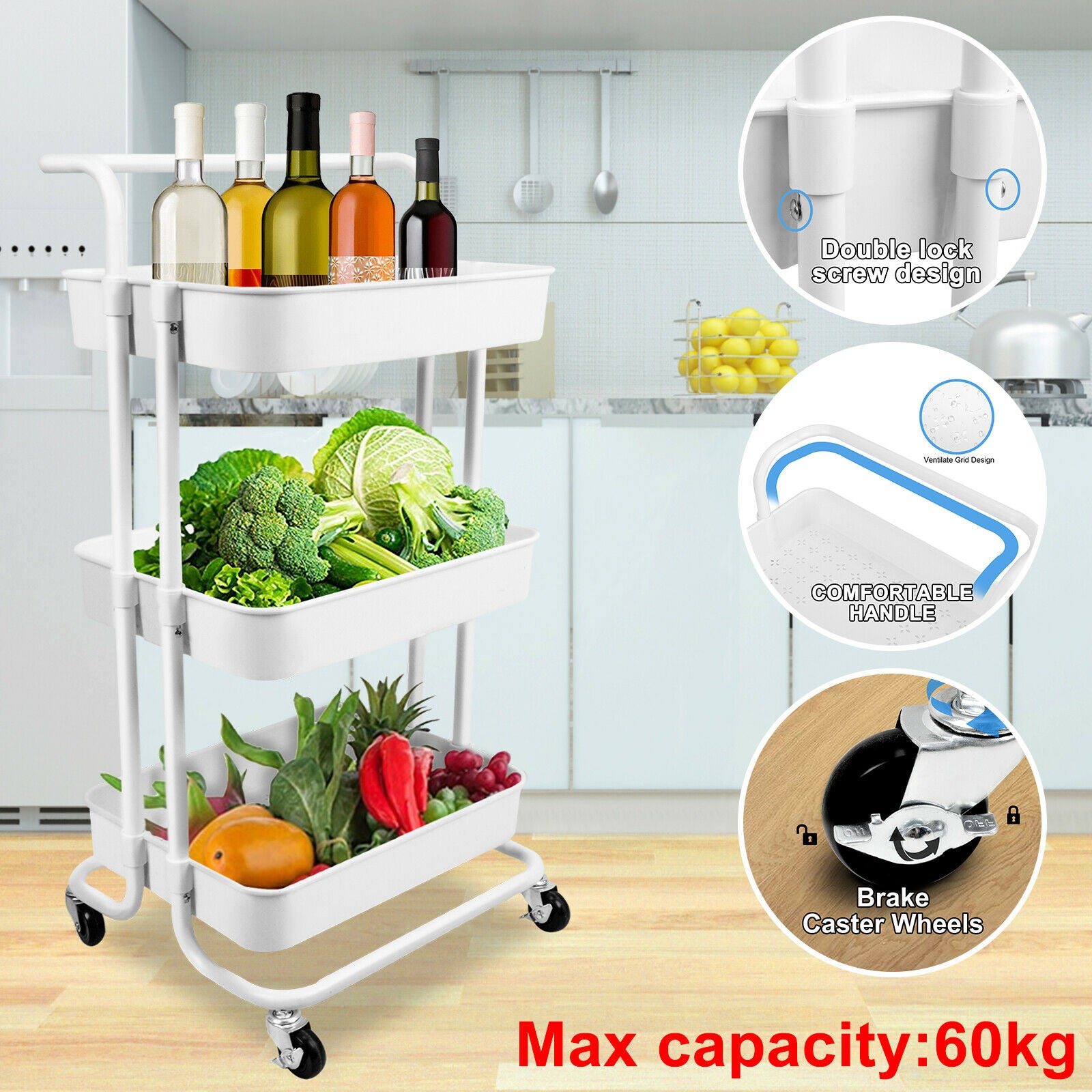 3 Tier Slim Kitchen Storage Trolley Cart Rack Tray Shelf Rolling Wheel W/ Handle