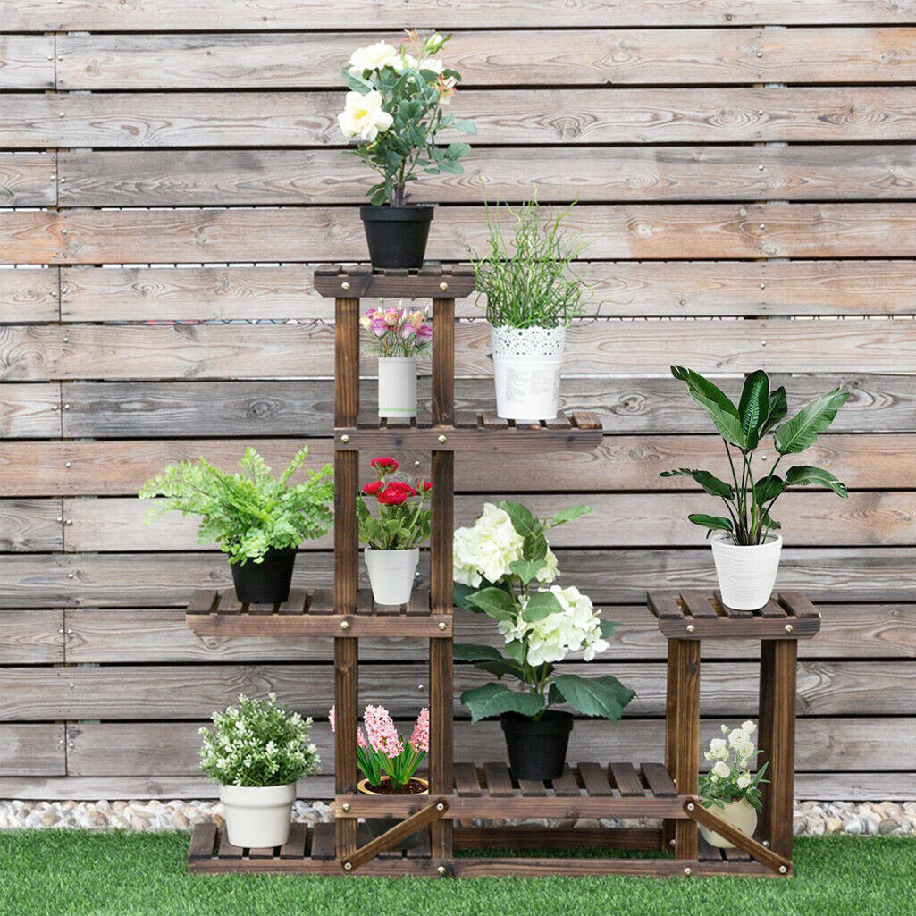 5 Ladders Flower Plant Pots Shelf Stand Display Garden Rattan Rack Natural Wood