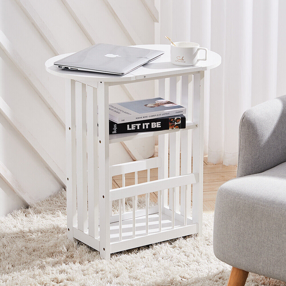Drop Leaf Table Foldable Magazines Rack Shelf Sofa Side End Storage Stand White