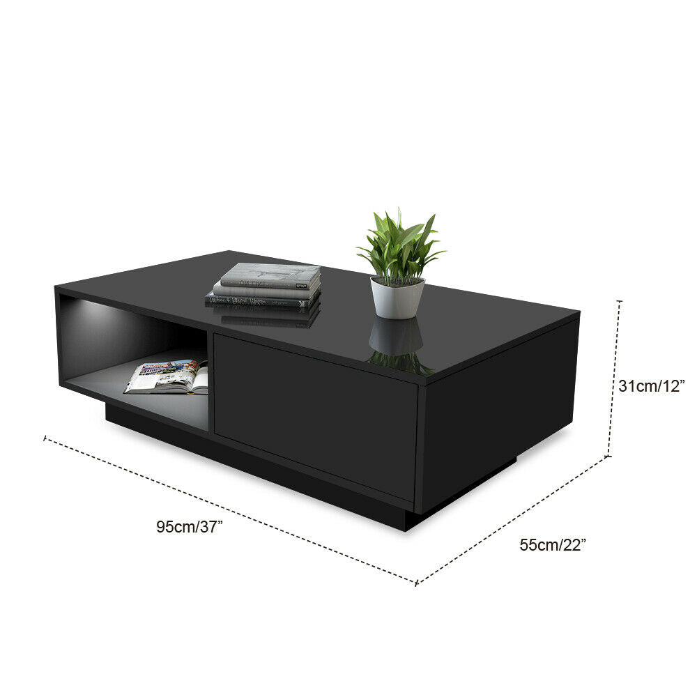 Modern High Gloss Coffee Table With Storage Drawers RGB LED Living Room Wooden