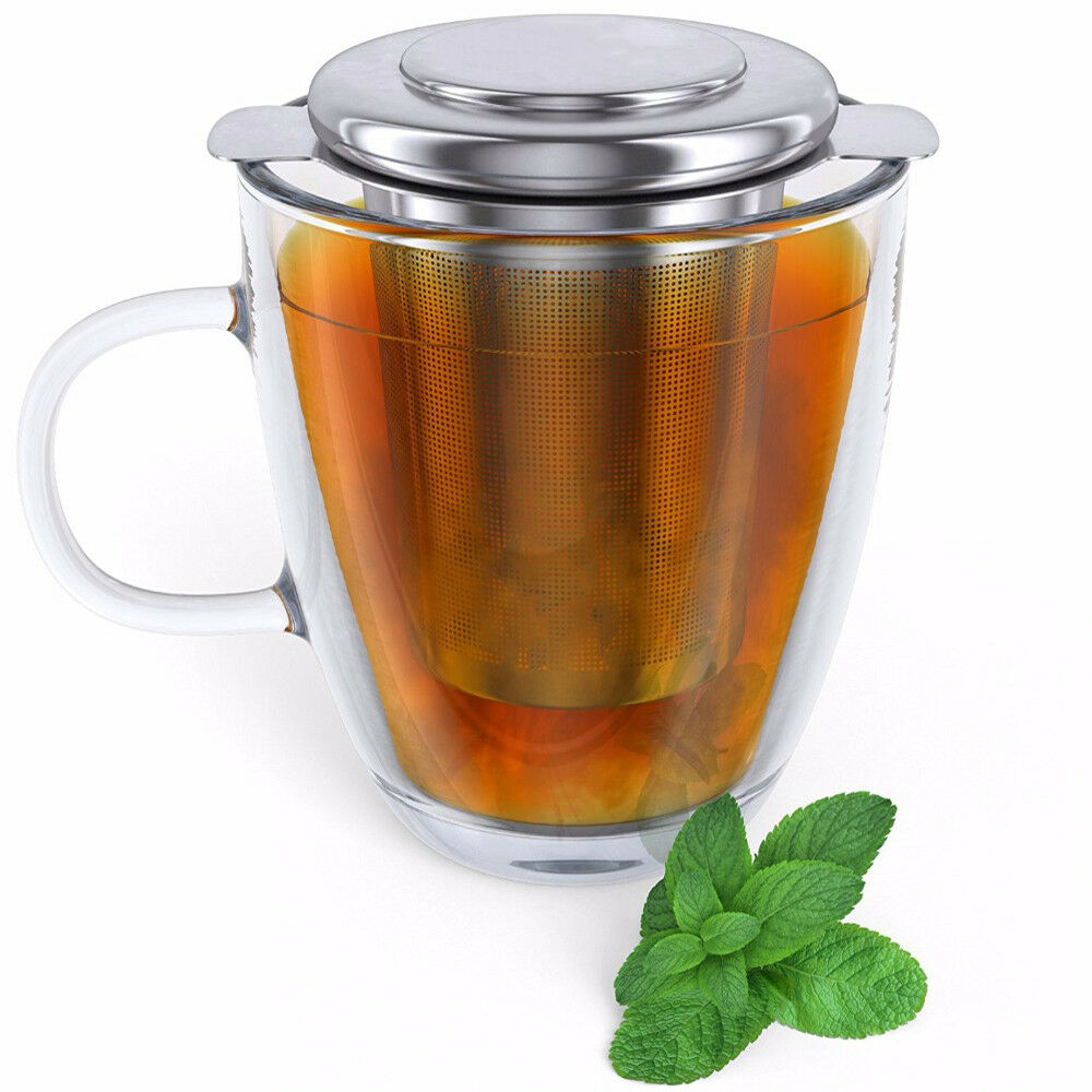 304 Stainless Steel Tea Infuser Mesh Strainer Lid Drip Tray Brew-in-Mug
