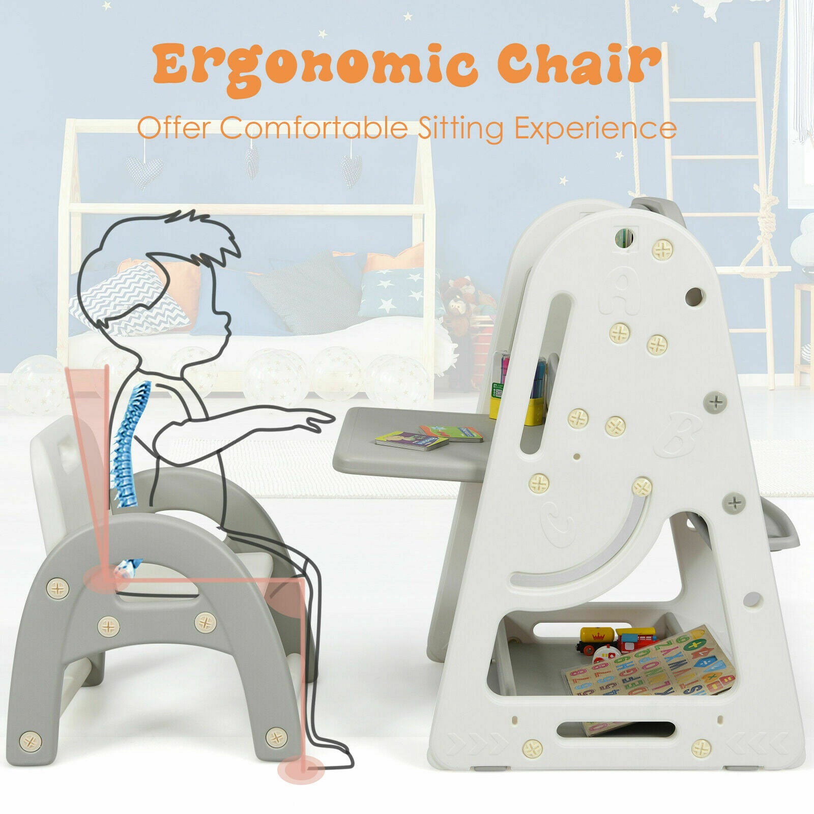 3-In-1 Kids Table & Chair Set Adjustable Drawing Board Toddler Art Easel Set