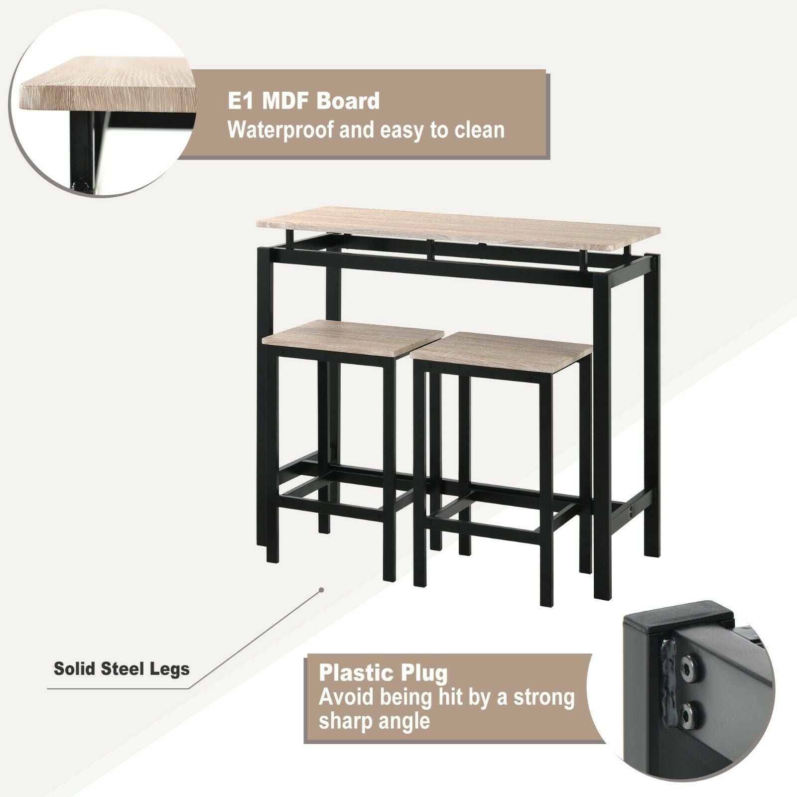 Bar Table and Stool Set For Kitchen Dining Room 2 Metal And Wood Stools High