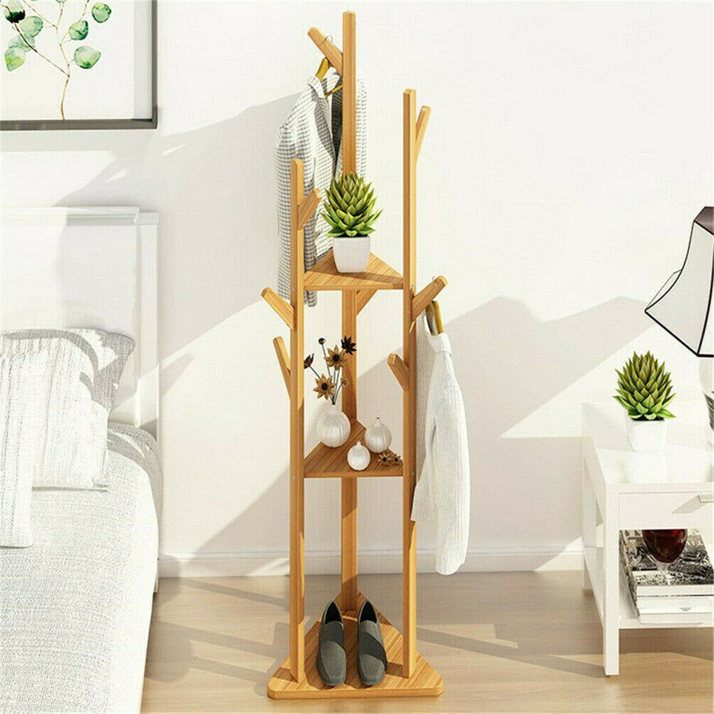 Natural Bamboo Coat Rack Stand Clothes Hanger Hat Jacket Bag Umbrella Scarf Hook