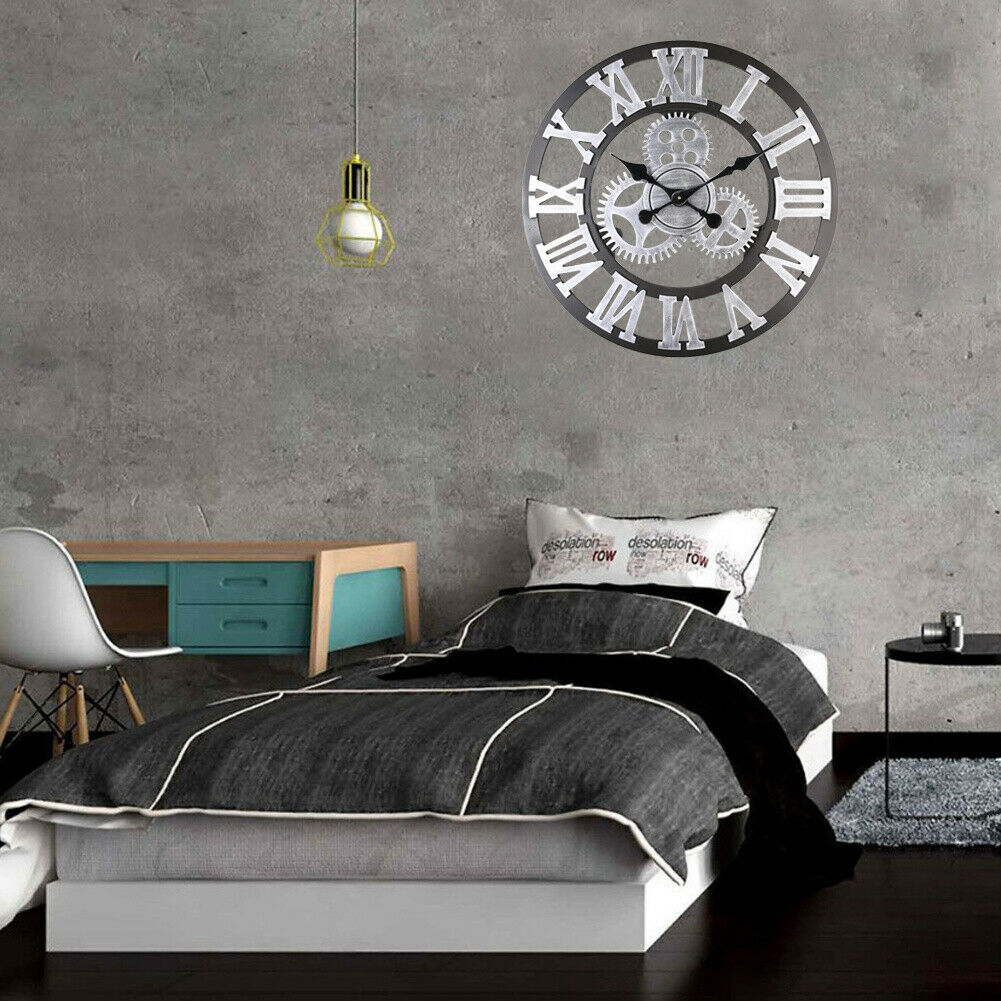 60cm Large Roman Numerals Wall Clock Indoor Outdoor Steampunk Cog Gear Clock