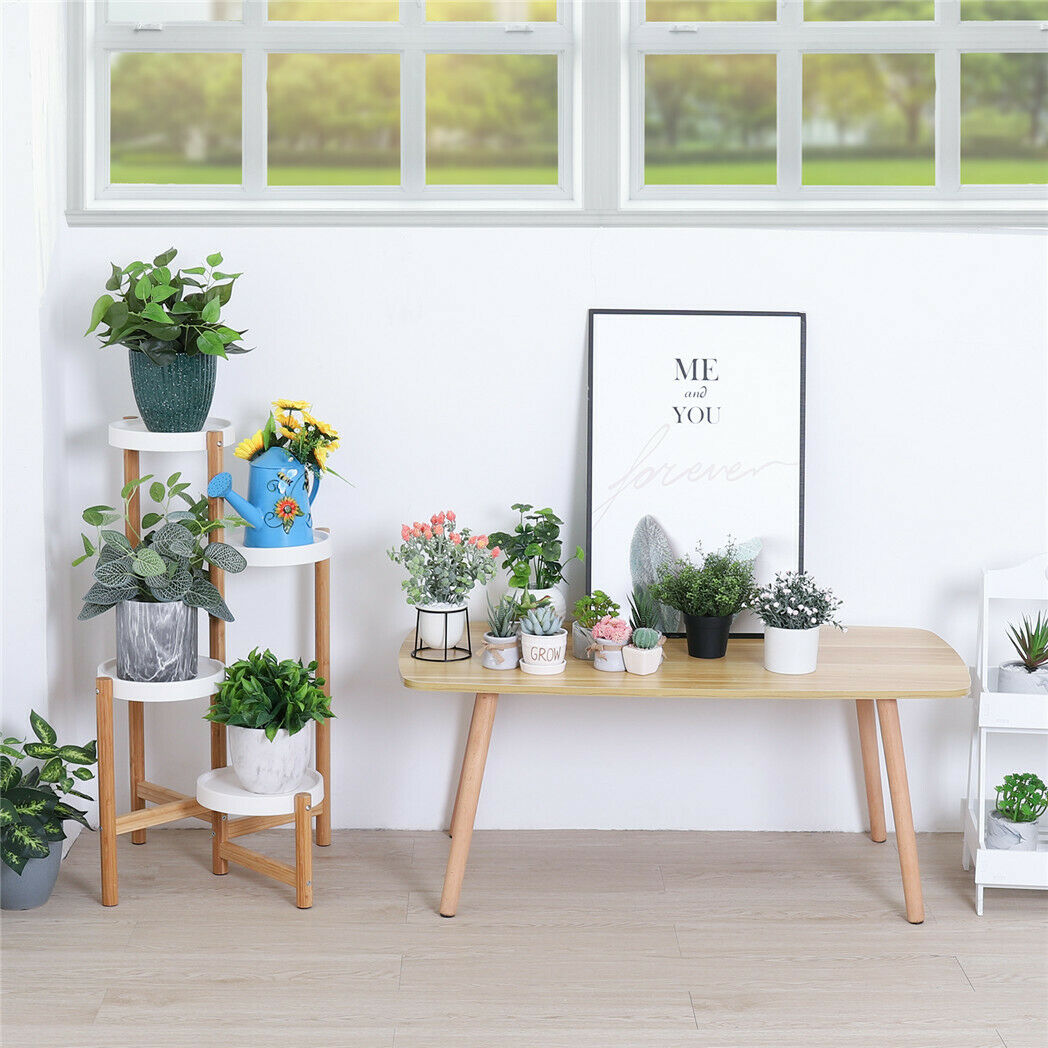 Indoor Corner Bamboo Plant Stand Round Planter Potted Holder End Table Display