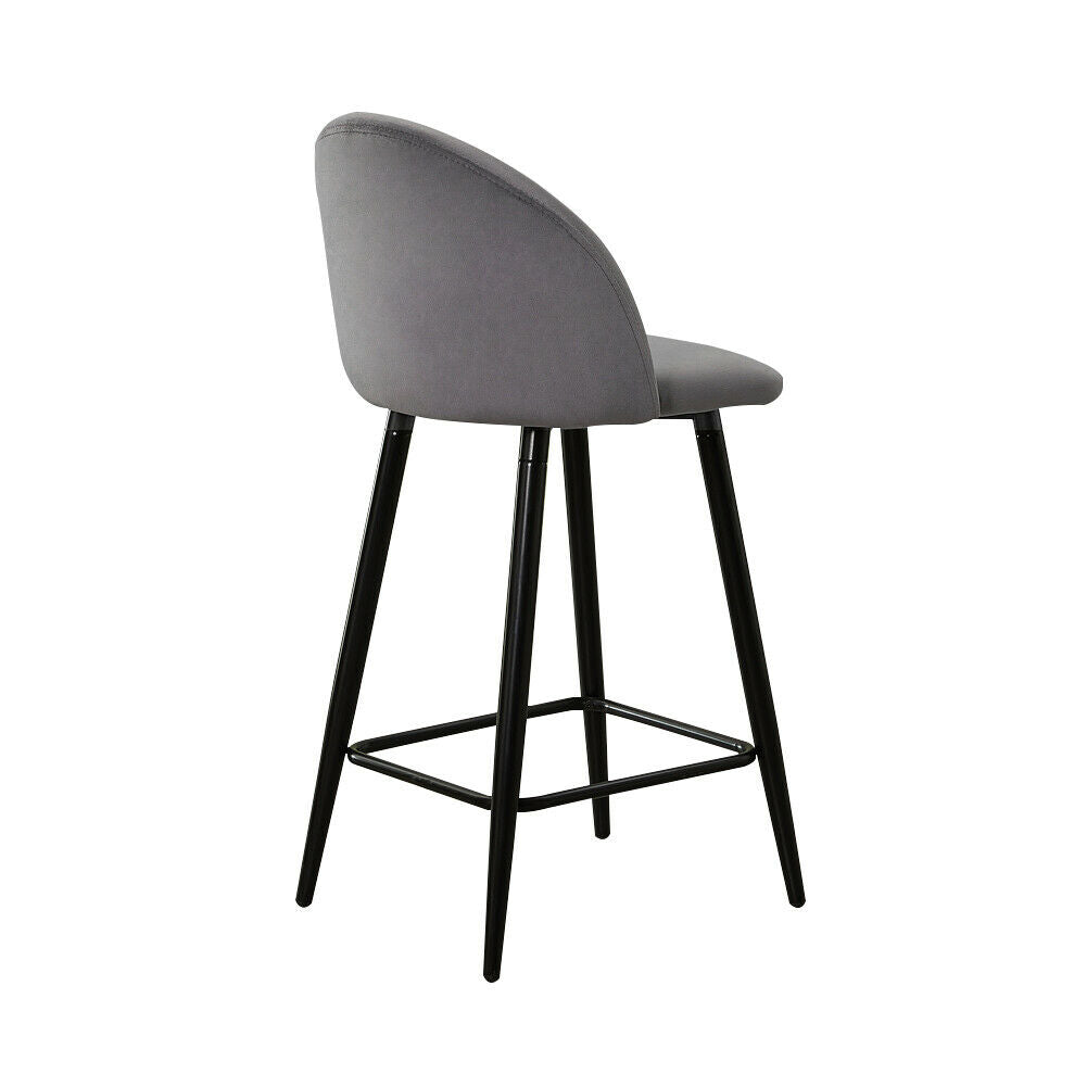 2× Grey Kitchen Breakfast Bar Stools Velvet Padded Seat Metal Legs Modern Pub