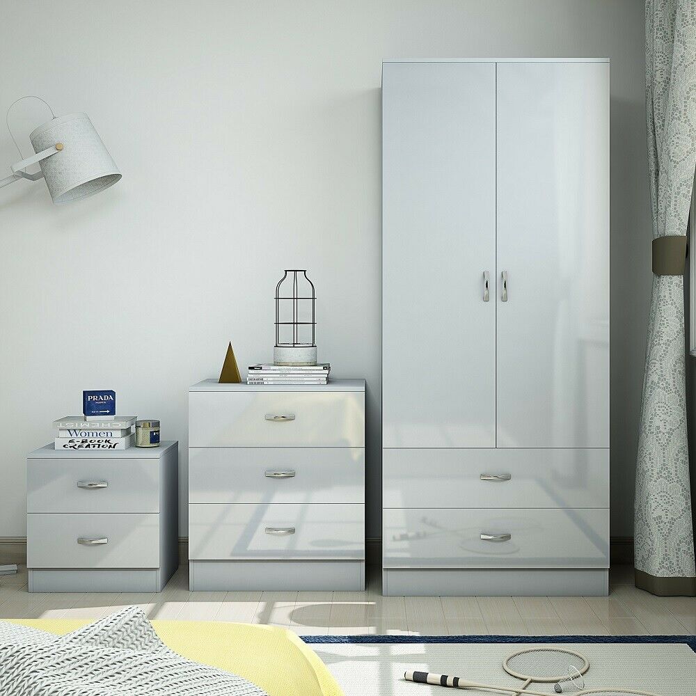 Grey High Gloss Bedside Cabinet with 2 Drawers. Modern Bedroom Furniture