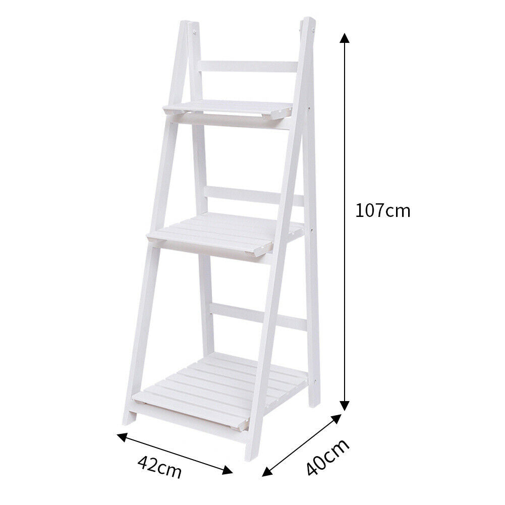 3 Tier Wood Folding Ladder Shelf Flower Plant Pot Stand Storage Display Shelving (White 3 Tier Ladder Shelf 42x40x107cm)
