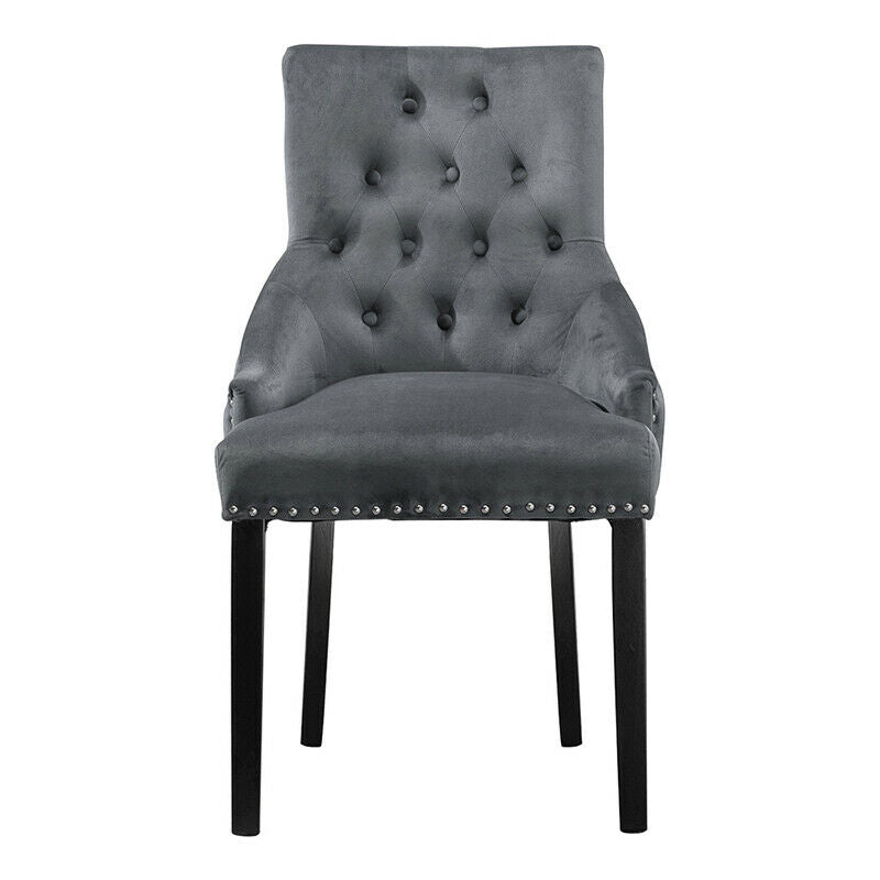 2x Accent Dining Chairs Grey Button Tufted Velvet with Rivets Knocker Chairs New