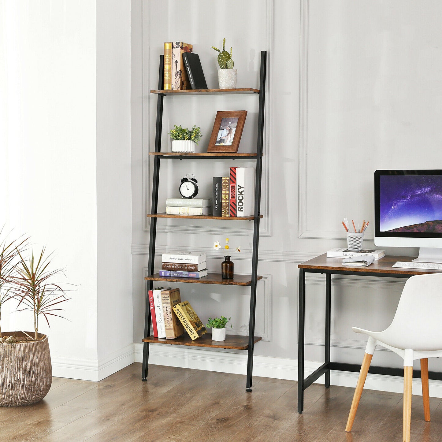 4 / 5 Tier Ladder Shelf Unit Bookcase Wall Rack Shelf Storage Shelving Bookshelf