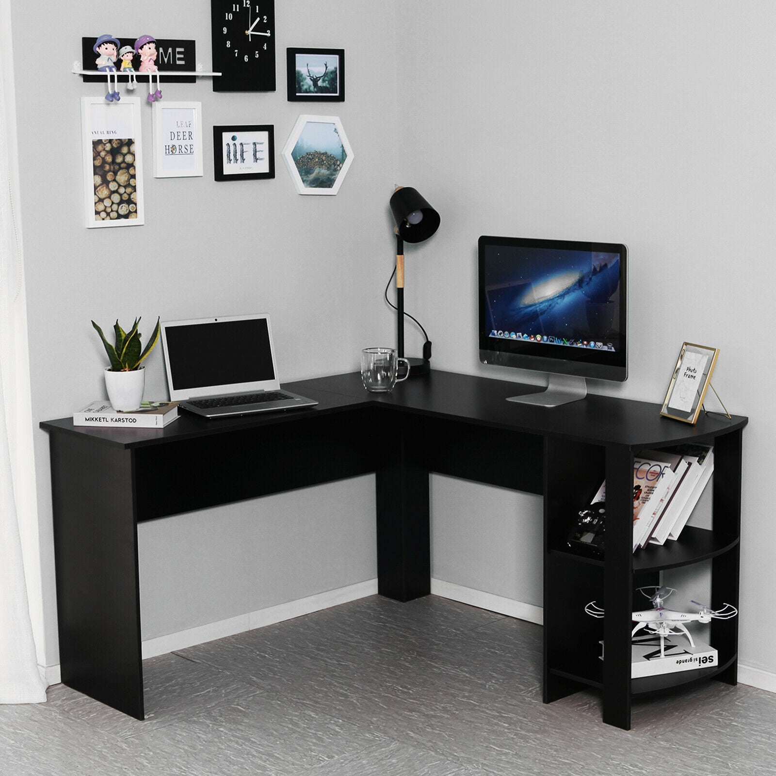 L-shaped Corner Computer Desk PC Table Workstation Home Office Furniture Black