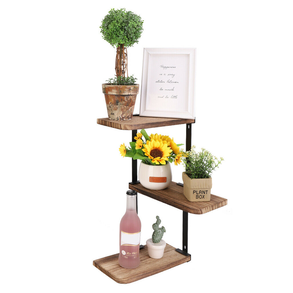 3 Tiers Rustic Solid Wooden Rack Wall Hanging Metal Shelf Storage Adjust Design