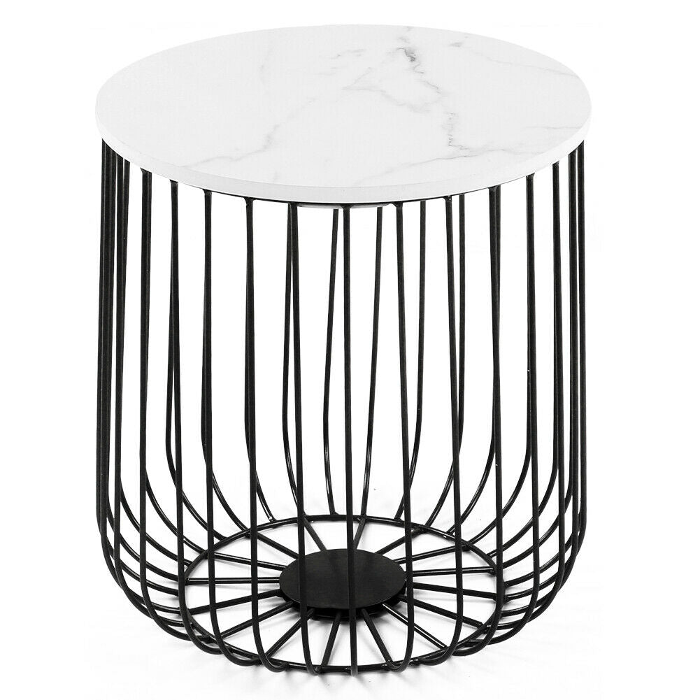 Retro Metal Wire Round Wood Storage Coffee Side Table Basket Home Furniture
