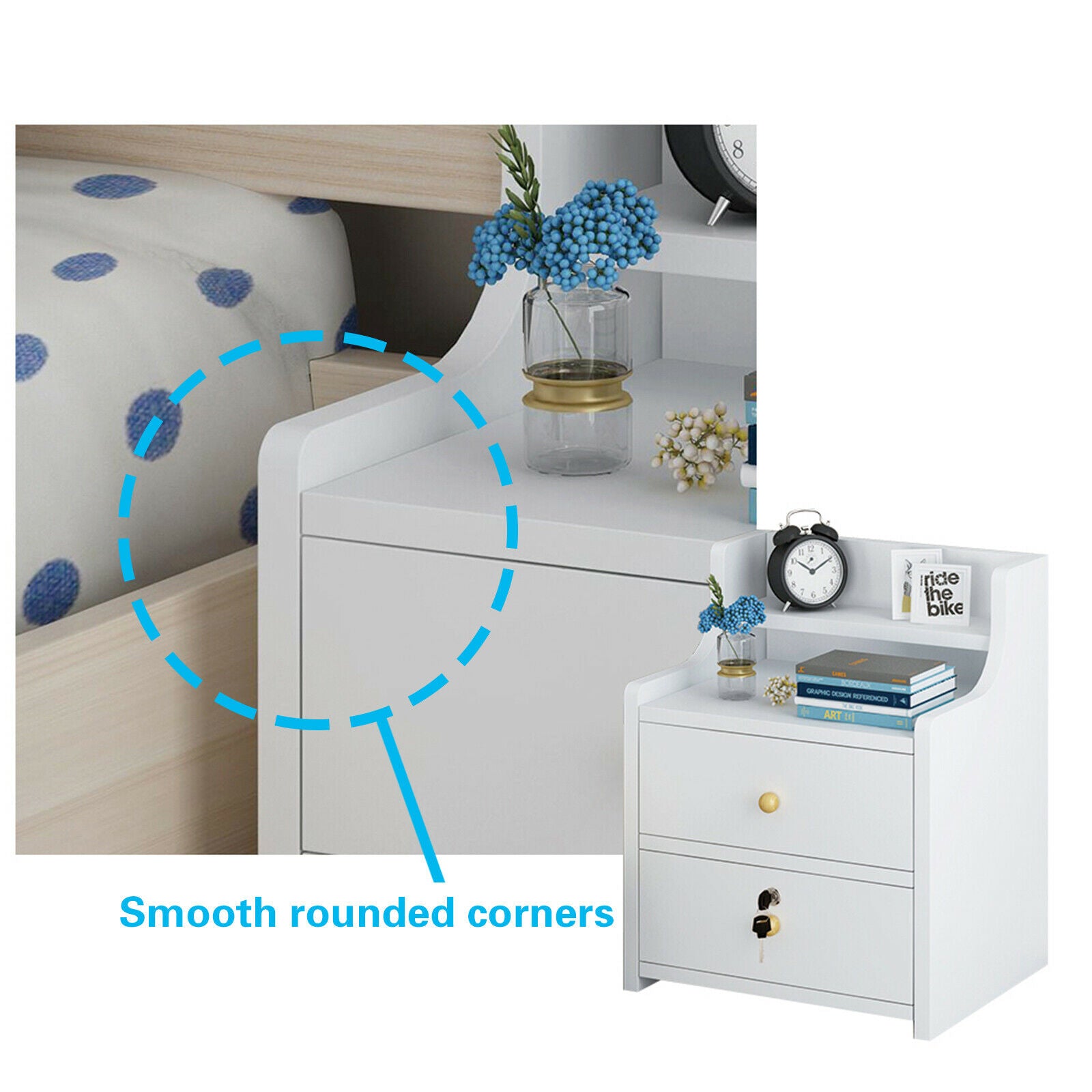Bedside Tables NightStand Cabinet Chest Storage With Lock key 2/3 Drawer Bedroom
