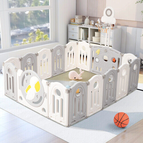 Foldable Baby Playpen with Activity Panel and Basketball Hoop 16 Panels Grey HT