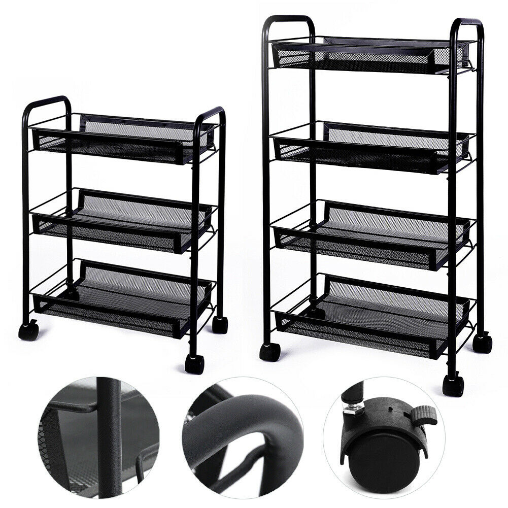 3 4 Tier Metal Mesh Rack BarStorage Trolley Cart Kitchen Bathroom Shelf w/Wheel