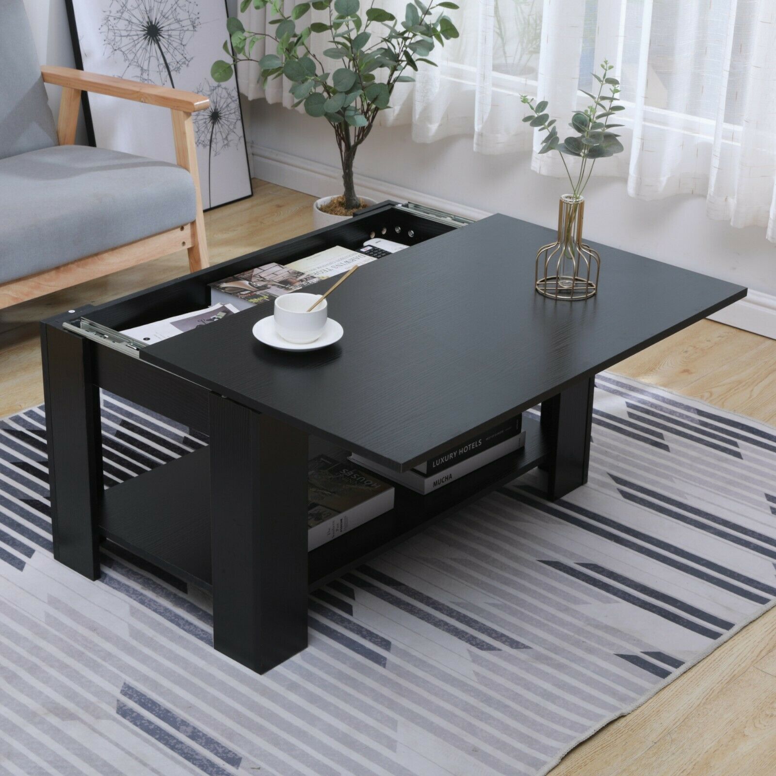 Wooden Sliding Top Coffee/Sofa/Tea Table Modern Living Room Bottom Storage Shelf