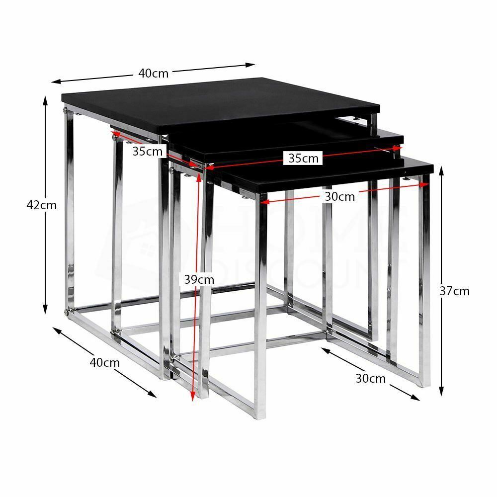 Nest of 3 Tables Unit Black Chrome Set Coffee Side Lamp Living Room