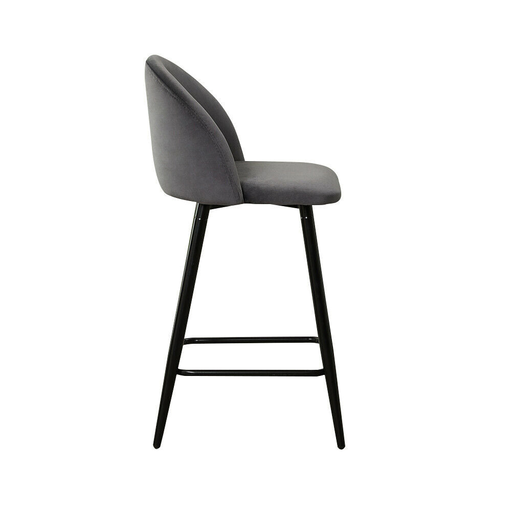 2× Grey Kitchen Breakfast Bar Stools Velvet Padded Seat Metal Legs Modern Pub