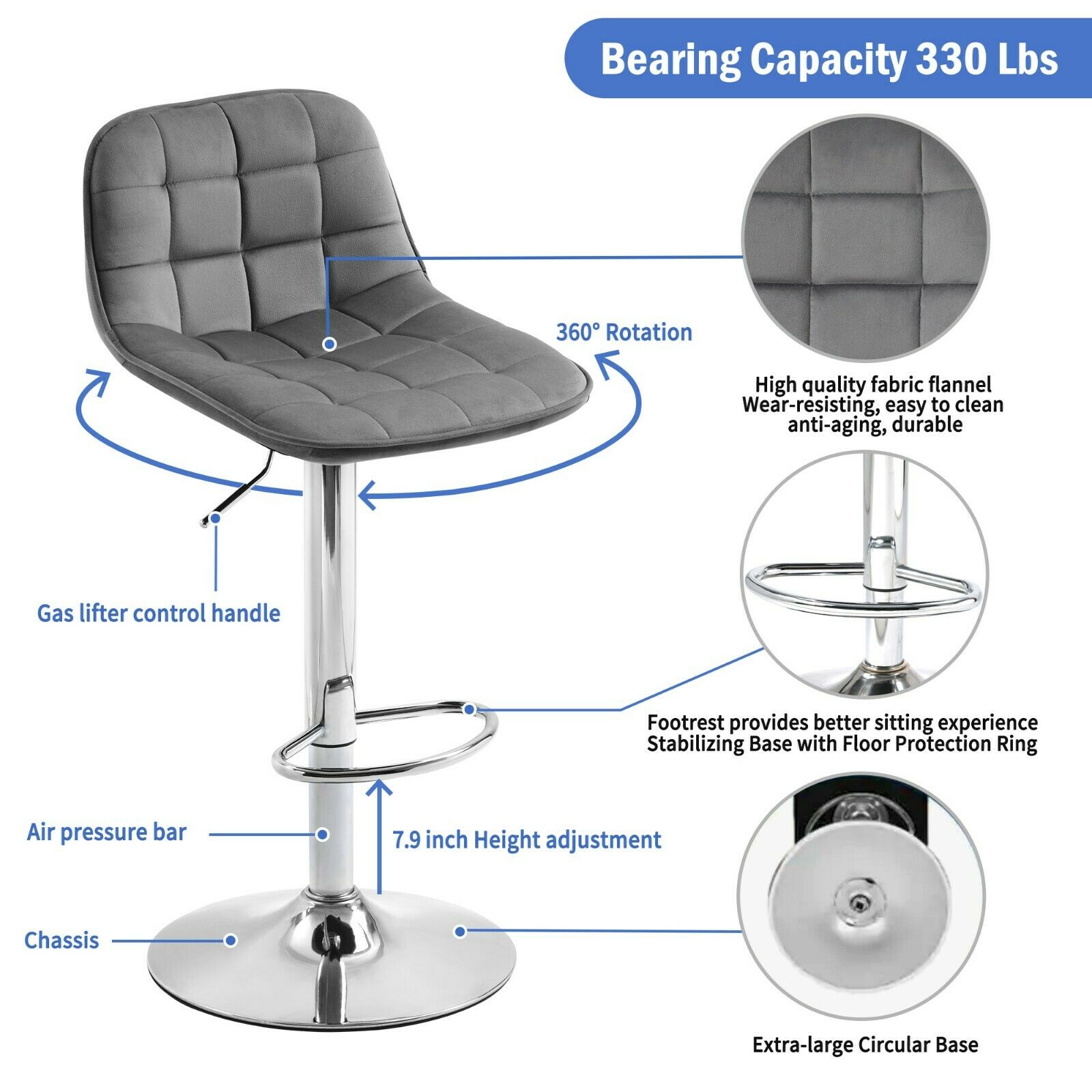 2×Bar Stools Leather / Velvet Chairs Breakfast Chair Swivel Gas Lift Adjustable