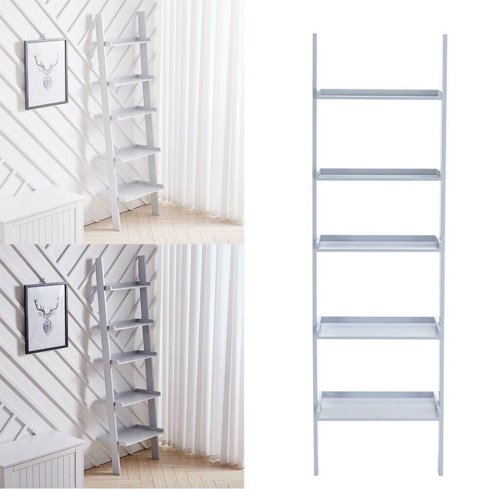 5 Tiers Ladder Wall Shelf Bookcase Shelving MDF Wood Storage Display Stand Home