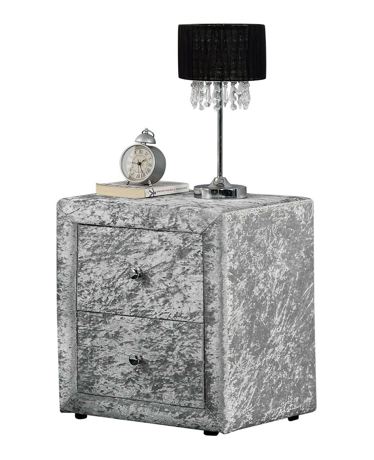 Modern Bedside Fabric Table 2 Drawer Silver Crushed Velvet Nightstand Cabinet