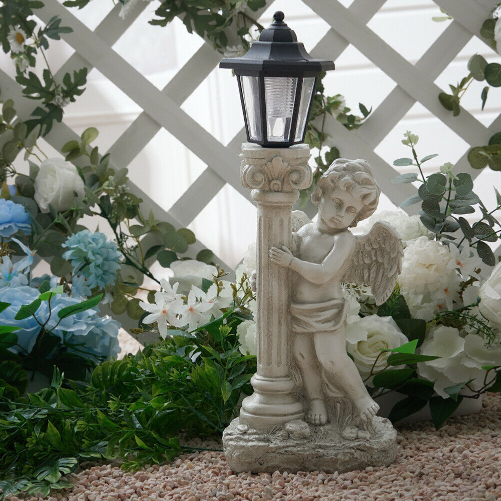 Resin Angel Statue with Lantern Solar Power Garden Lamp Post Figurine Ornament