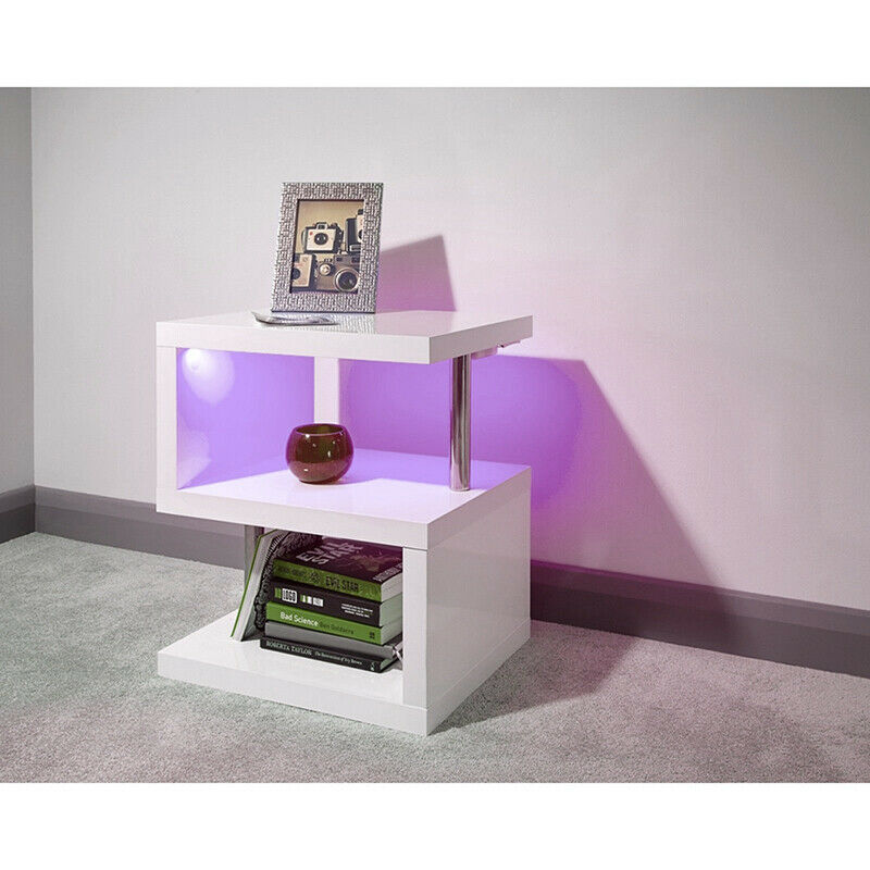 White High Gloss Coffee Table RGB LED Lights Wooden S-Shape Side Table Furniture