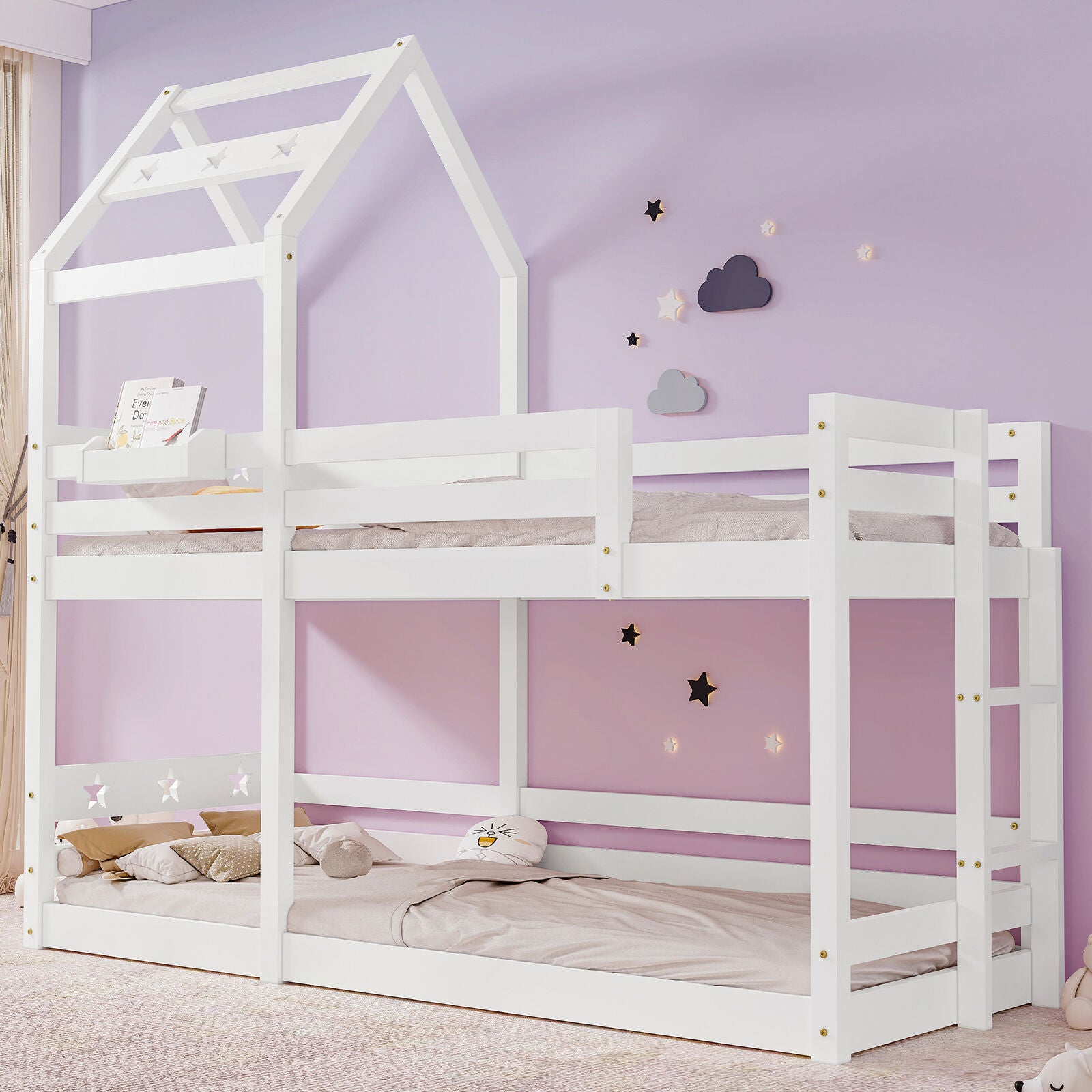Kids Bunk Bed 3FT Single Pine Bed Frame High Sleeper Bed with Slide Ladder HT