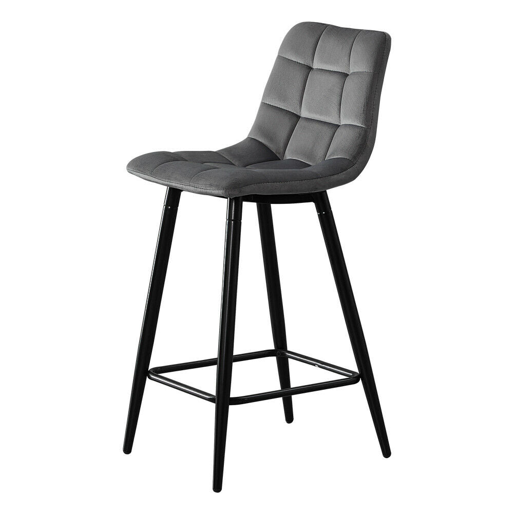 2X Grey Velvet Bar Stools Breakfast Pub Chair With Footrest Modern Home Kitchen