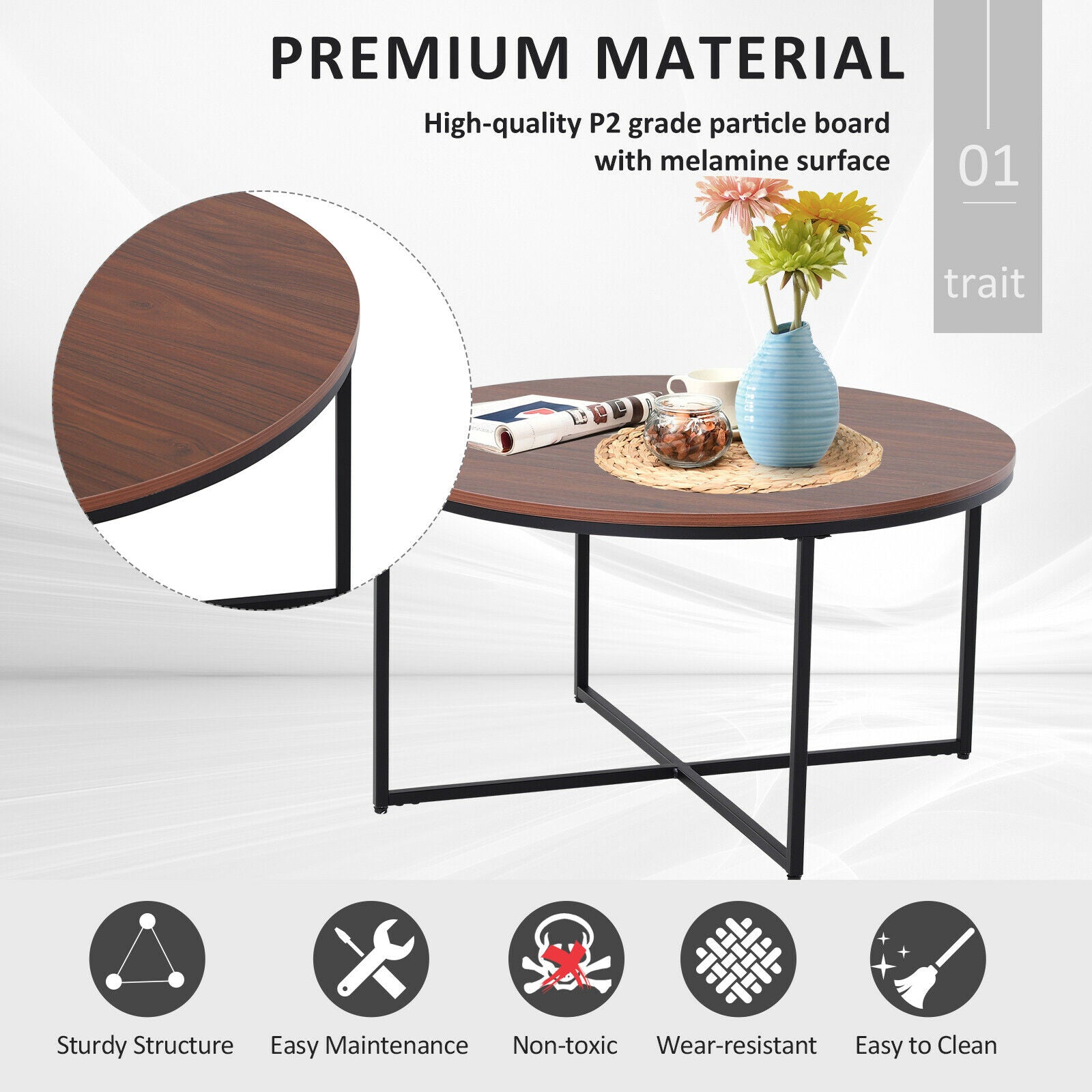 Modern Coffee Table Metal Frame Solid Tabletop Unique Cross Base - Brown