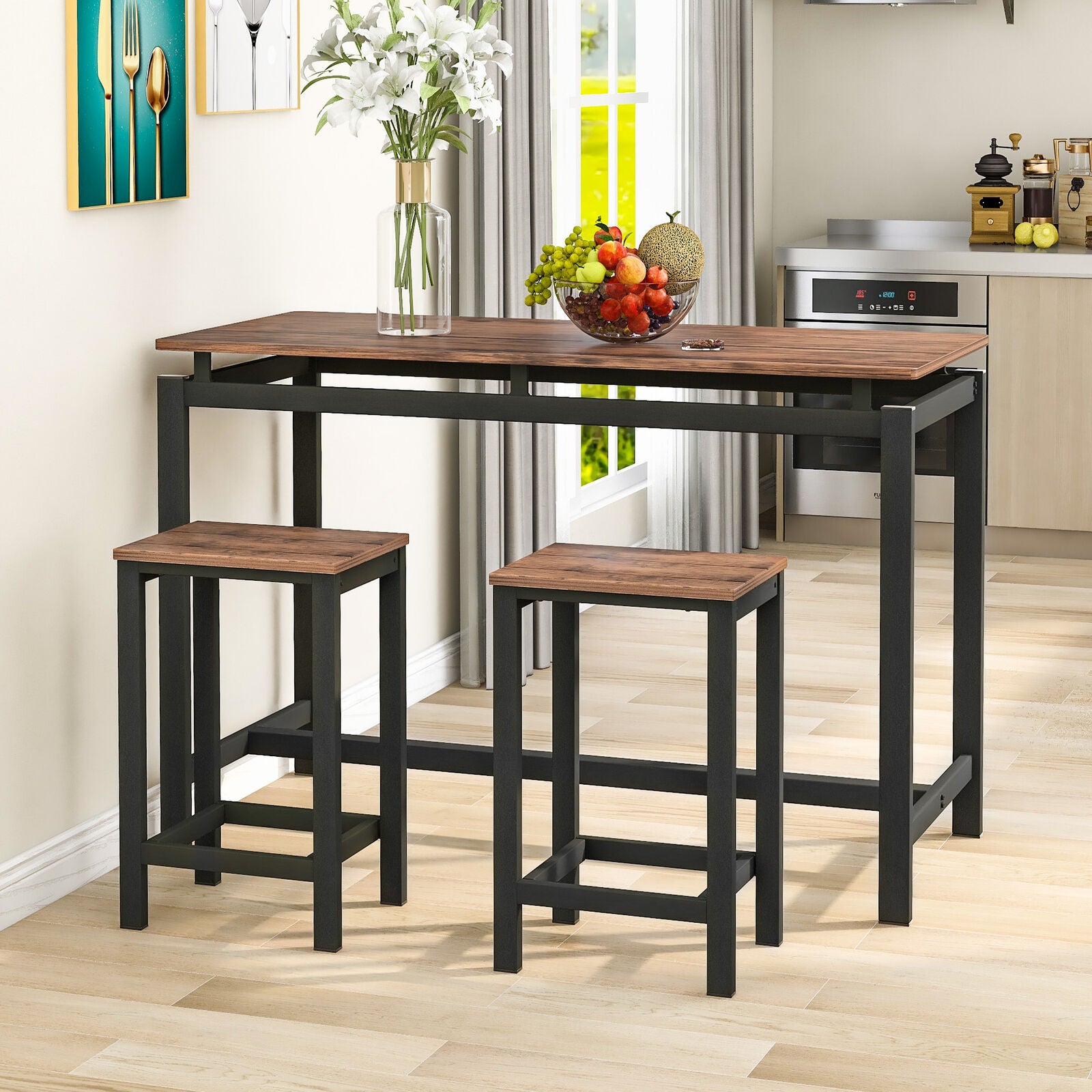 Bar Table and Stool Set For Kitchen Dining Room 2 Bar Stools Chair Industrial
