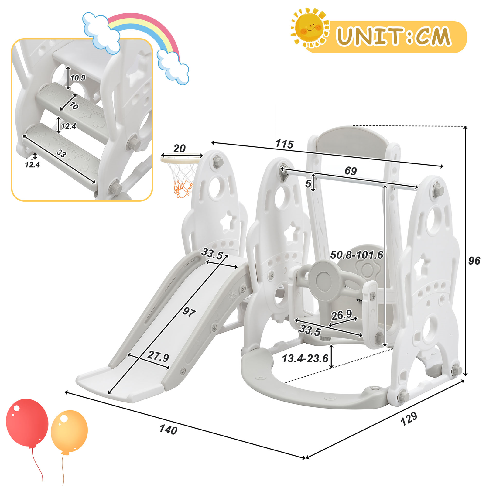 4 in 1 Kids Swing & Slide Set Toddler Baby In/Outdoor Climber Basketball Hoop HT