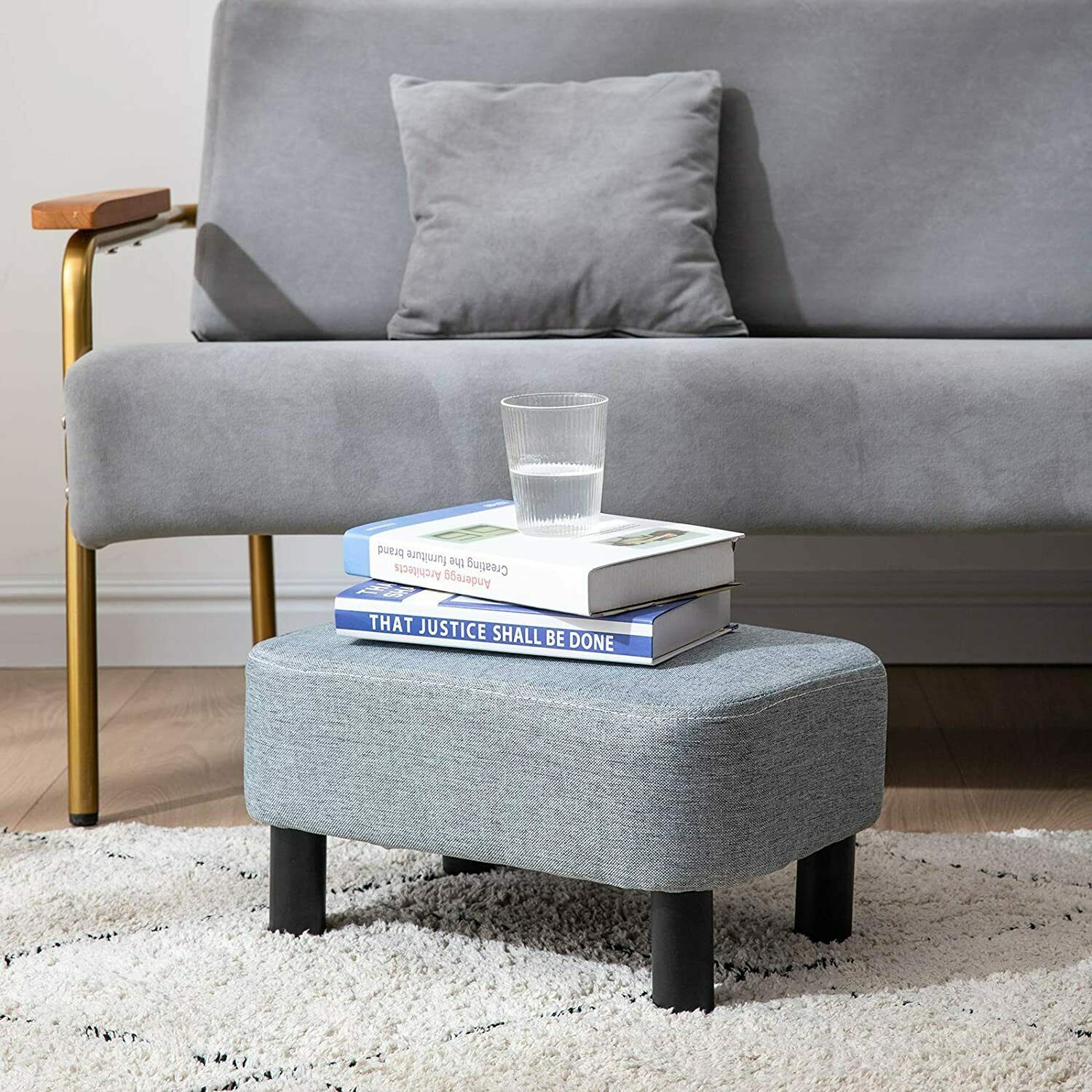 Rectangular Stool Linen Fabric Footstool Foot Rest Stool Pouffe Ottoman Seating