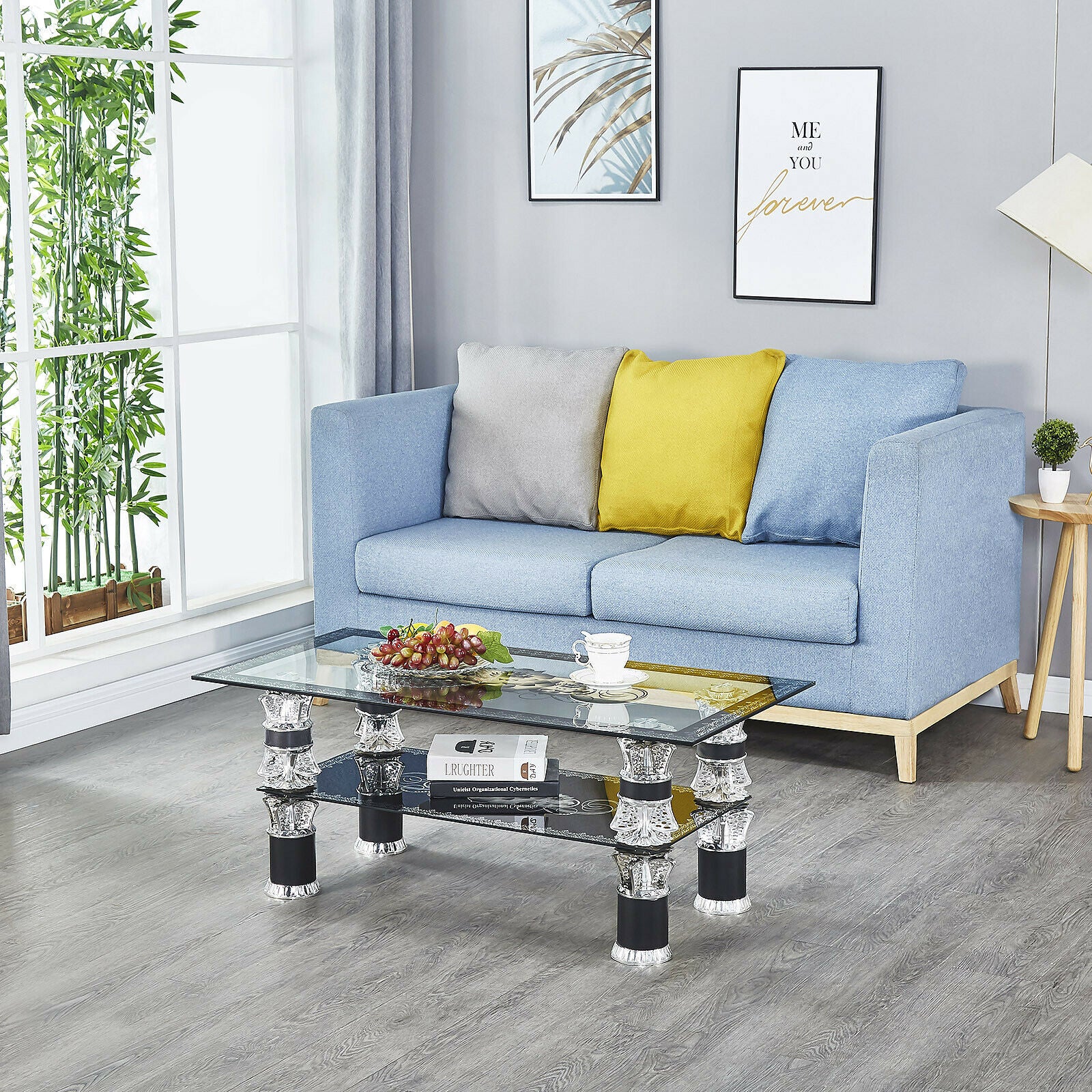 Clear Glass Coffee Table Rectangle Tempered Floral Luxury w/ Shelf Living Room