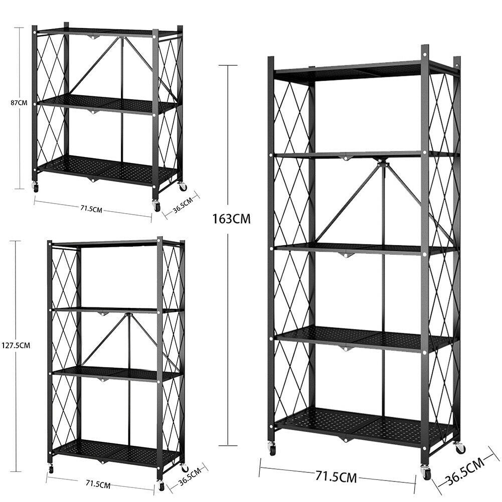 3/4/5 Tier Kitchen Storage Shelf Foldable with Wheels Living Room Organizer Rack