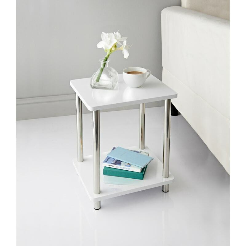 Small 2 Tier White Gloss Finish Side Table with Shelf Bedroom Coffee End Table